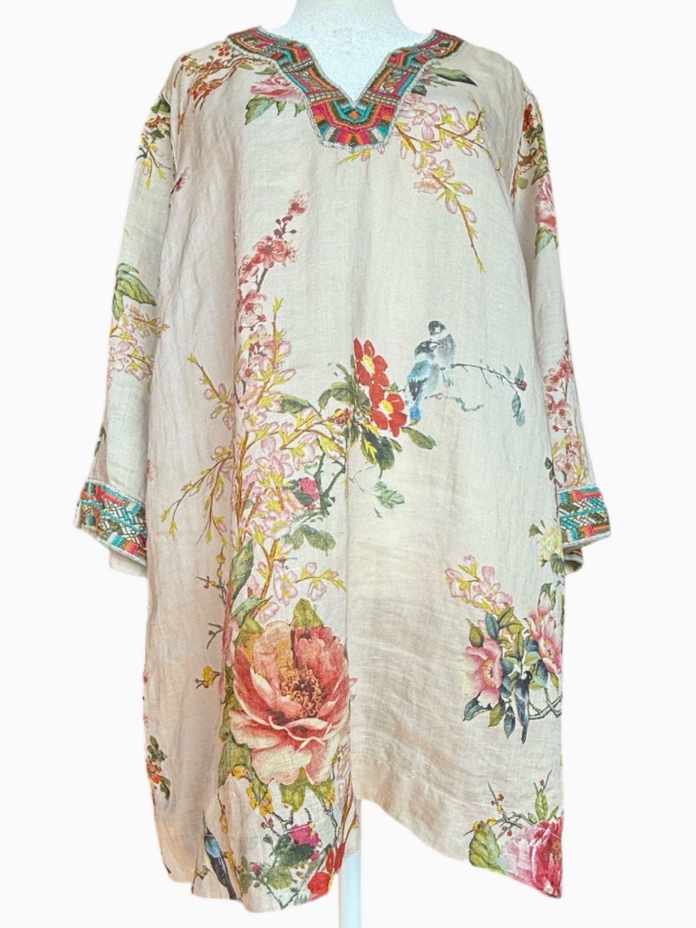 John Mark Mixed Floral and Bird Print Embroidered V-Neck Tunic
